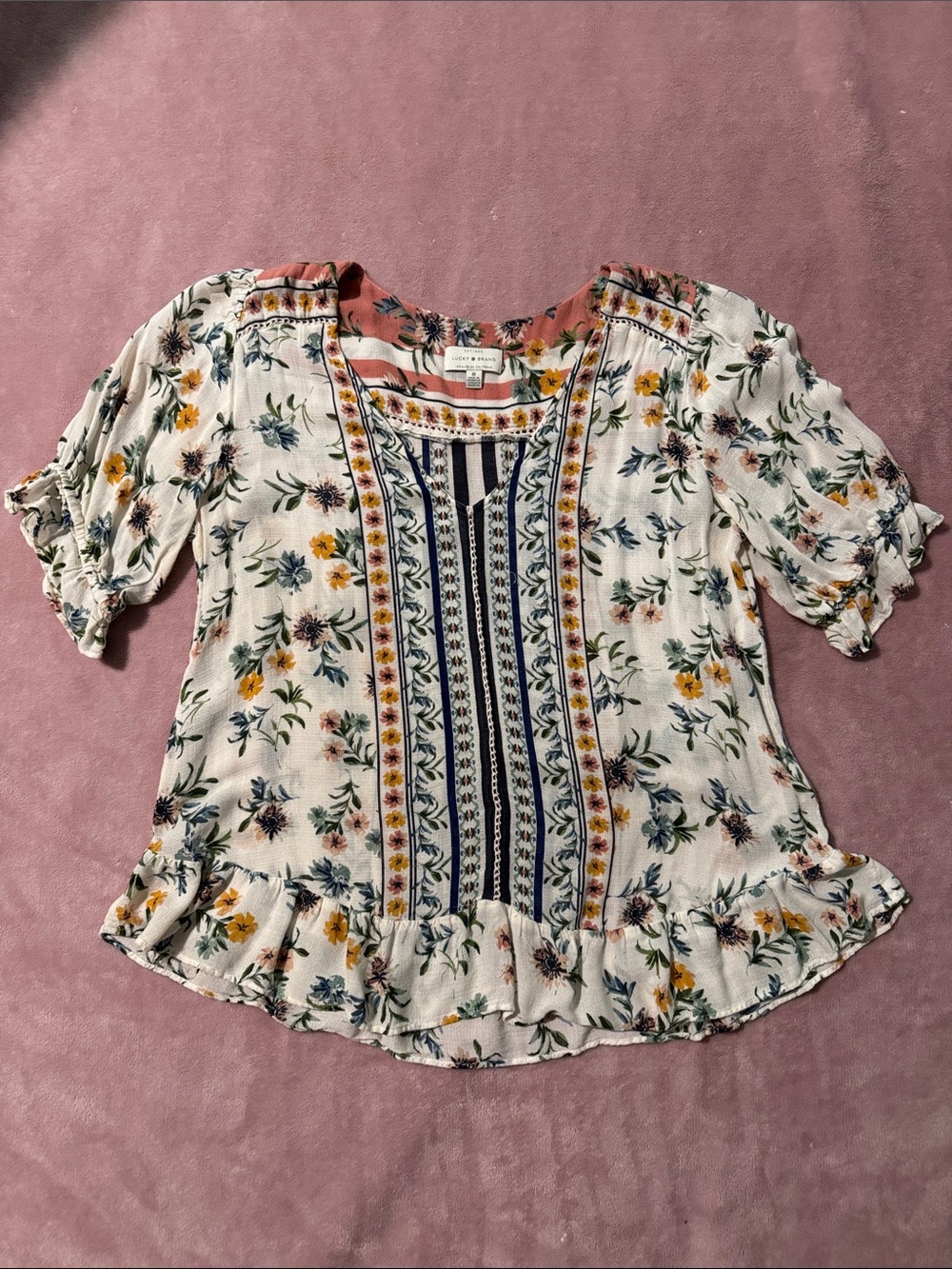 Lucky Brand Floral Border Print Ruffled V-Neck Top - White Multi